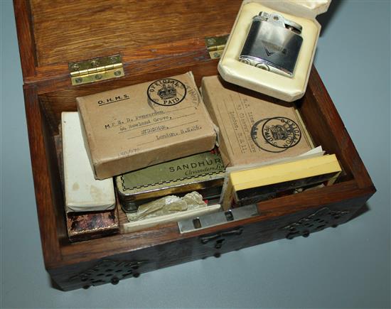 WWII medals, ribbons, Army Club tin, 3 Ronson lighters, RAF marcasite set sweetheart brooch and sundries